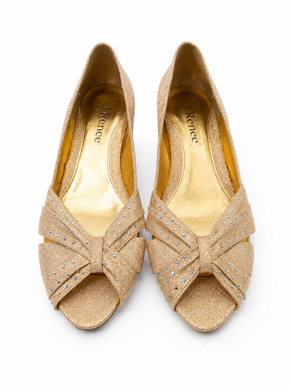 J.Renee Gold Glitter Wedge Peep-Toe with Bow and Crystals